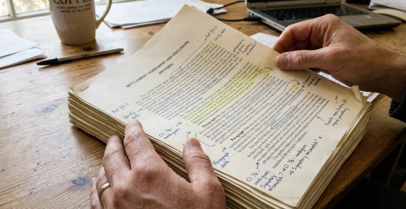 Des mains feuilletent un document épais sur un bureau de travail ordinaire, avec des notes manuscrites en marge