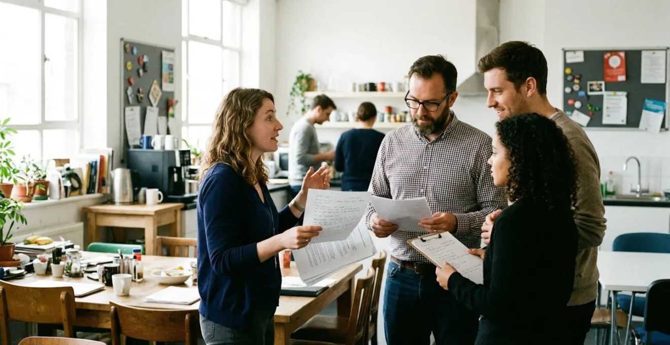 Un groupe de salariés debout discute avec des documents à la main dans une salle de pause d'entreprise