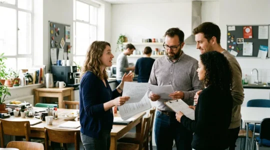 Un groupe de salariés debout discute avec des documents à la main dans une salle de pause d'entreprise