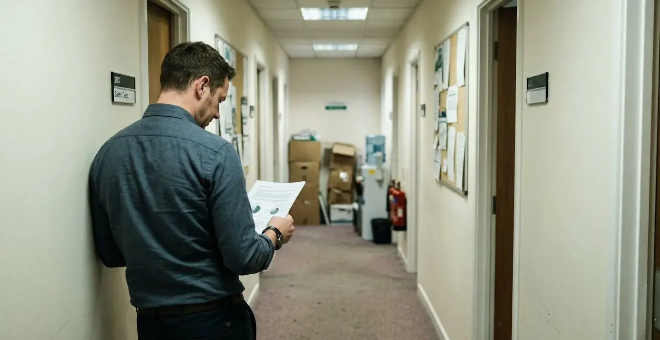 Un salarié debout dans un couloir d'entreprise lit attentivement un document, expression concentrée