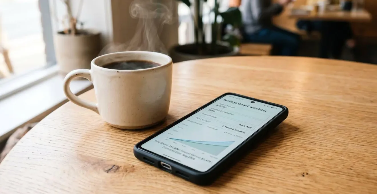 Gros plan sur un smartphone affichant un calcul d'intérêts d'épargne, posé sur une surface de bois clair avec un café fumant à côté