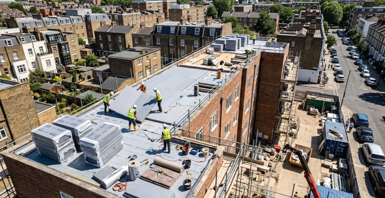Vue aérienne d'un chantier de rénovation énergétique de bâtiments résidentiels, avec des travailleurs visibles sur les toits
