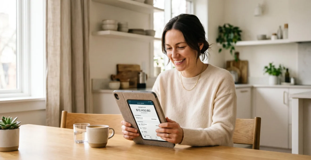 Une personne consulte le solde de son livret d'épargne sur une tablette, entourée de documents financiers posés sur une table lumineuse