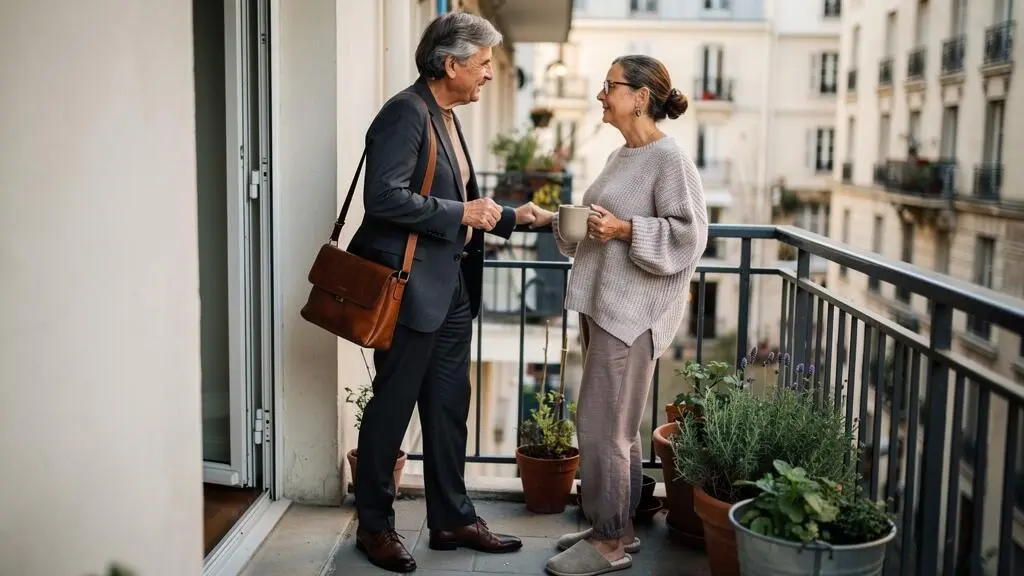 Couple d'âge mûr sur une terrasse d'appartement français, l'un en tenue professionnelle prêt à partir travailler avec un sac, l'autre en tenue décontractée tenant une tasse de café, lumière matinale.