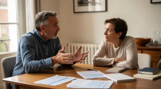 Couple mature discutant à leur table de salle à manger, documents financiers visibles en arrière-plan flou, dans un intérieur résidentiel français avec lumière naturelle.