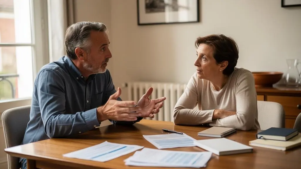 Couple mature discutant à leur table de salle à manger, documents financiers visibles en arrière-plan flou, dans un intérieur résidentiel français avec lumière naturelle.