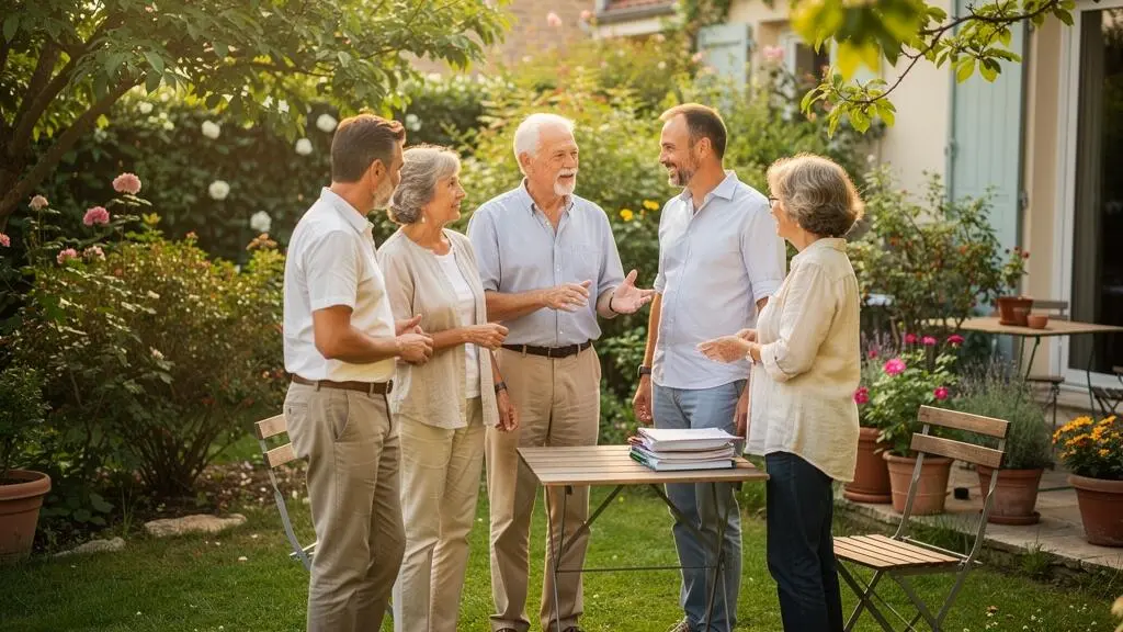 Famille de trois générations debout dans un jardin résidentiel français, couple de retraités en discussion avec leurs enfants adultes, lumière naturelle d'après-midi estival.