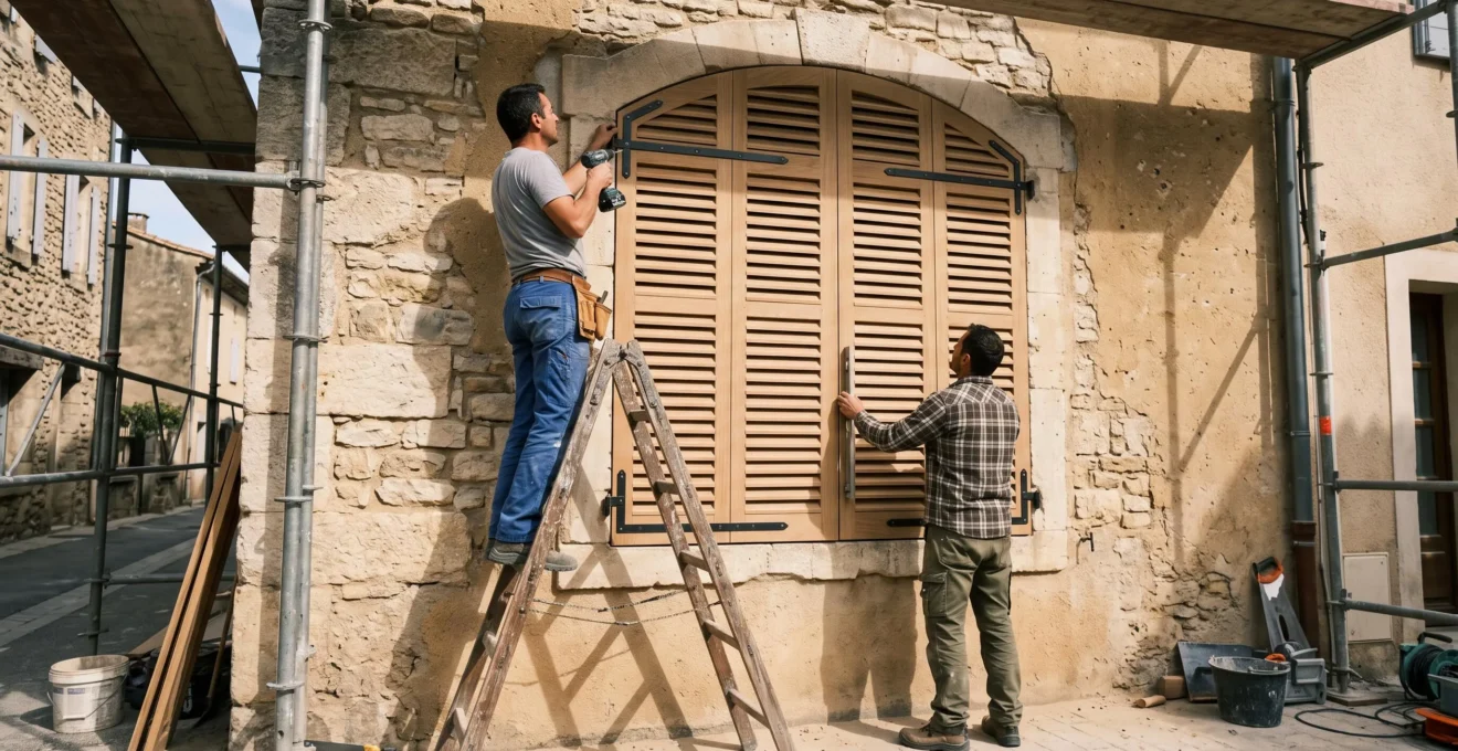 Artisans installant un volet en bois sur mesure sur la façade d'une maison ancienne en rénovation