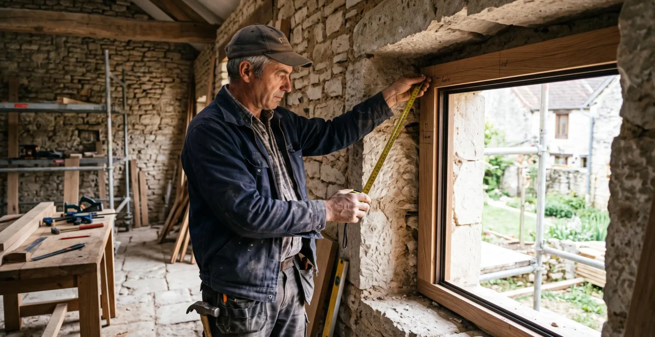 Menuisier prenant des mesures précises d'une ouverture de fenêtre irrégulière dans une maison en rénovation