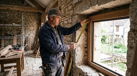 Menuisier prenant des mesures précises d'une ouverture de fenêtre irrégulière dans une maison en rénovation