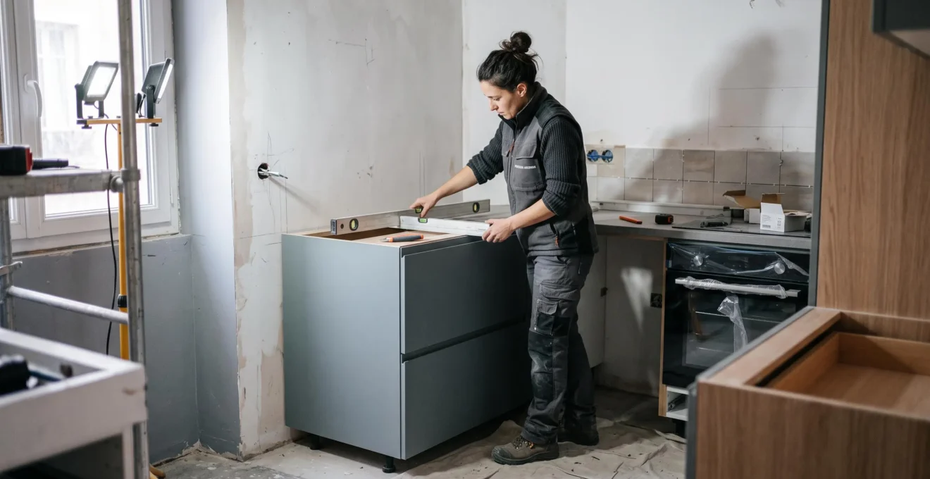 Installateur ajustant un meuble de cuisine sur mesure dans un angle non standard pendant une rénovation