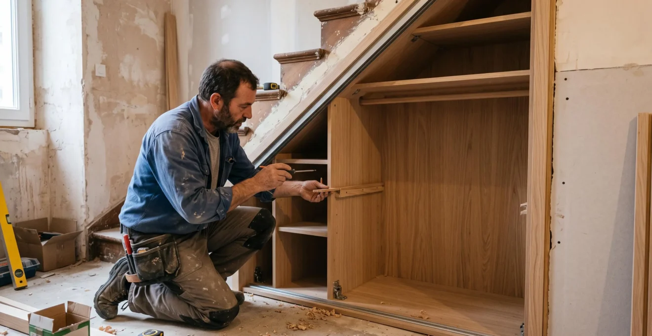 Menuisier installant un placard sur mesure dans un espace sous escalier lors d'une rénovation intérieure