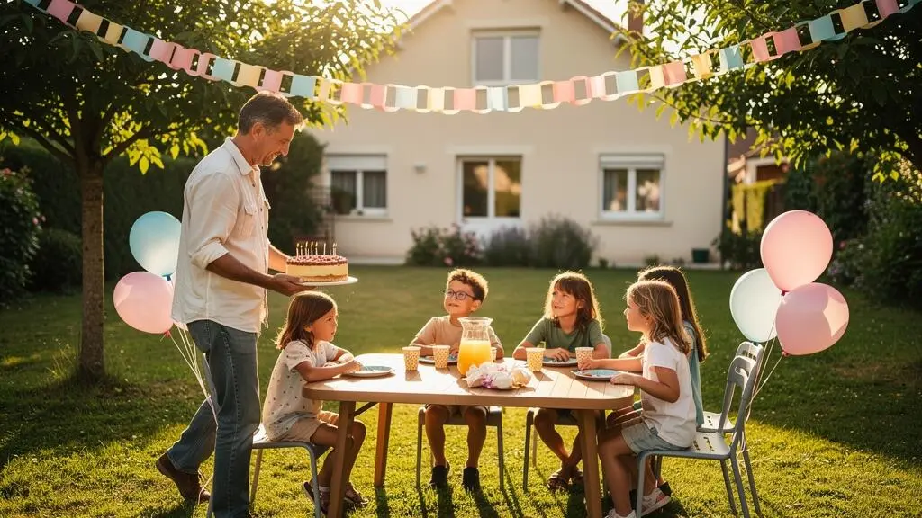 Un père apporte un gâteau d'anniversaire allumé de bougies vers une table dressée dans un jardin où des enfants sont attablés.