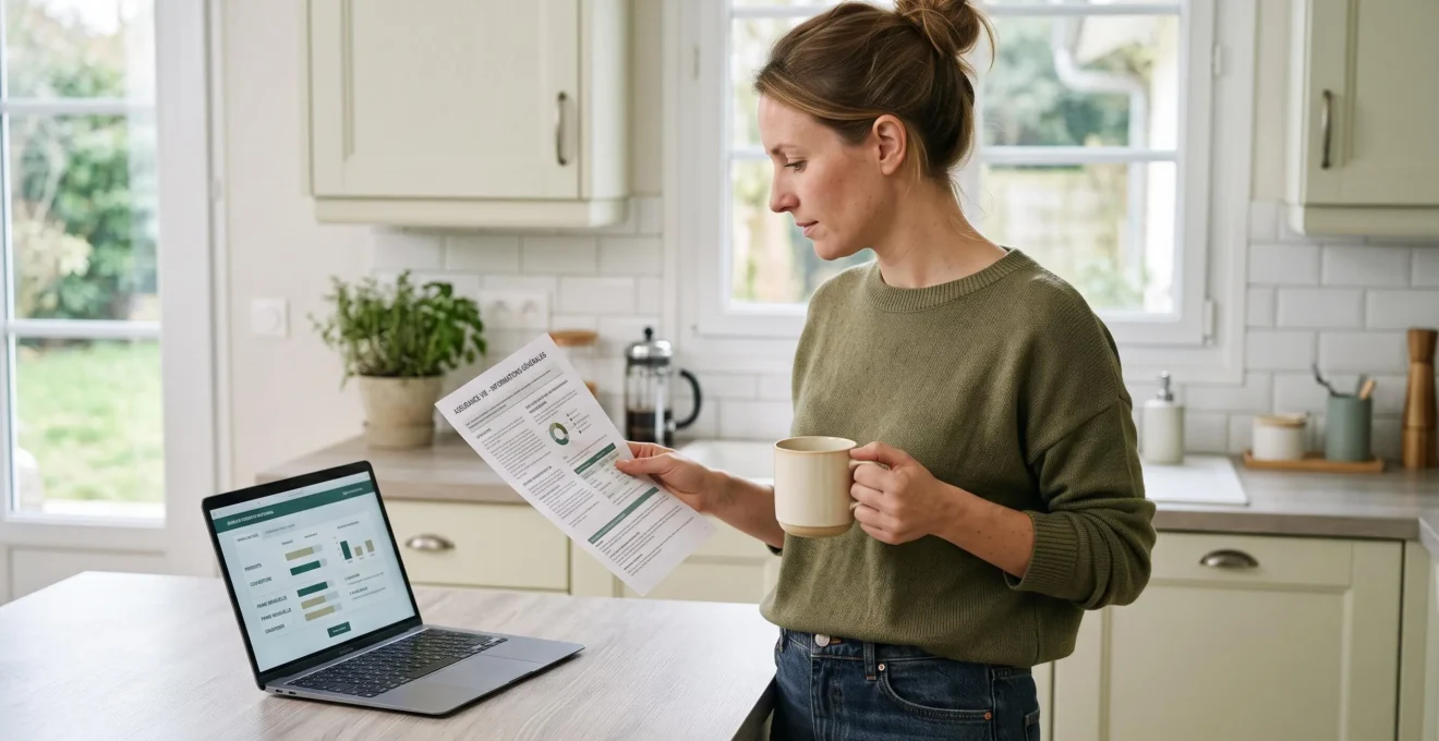 Personne debout dans une cuisine française consultant un document d'assurance-vie tout en tenant une tasse de café, ordinateur portable ouvert sur le plan de travail.
