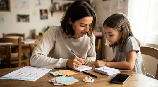 Une mère prépare des invitations d'anniversaire avec sa fille à la table de la cuisine.