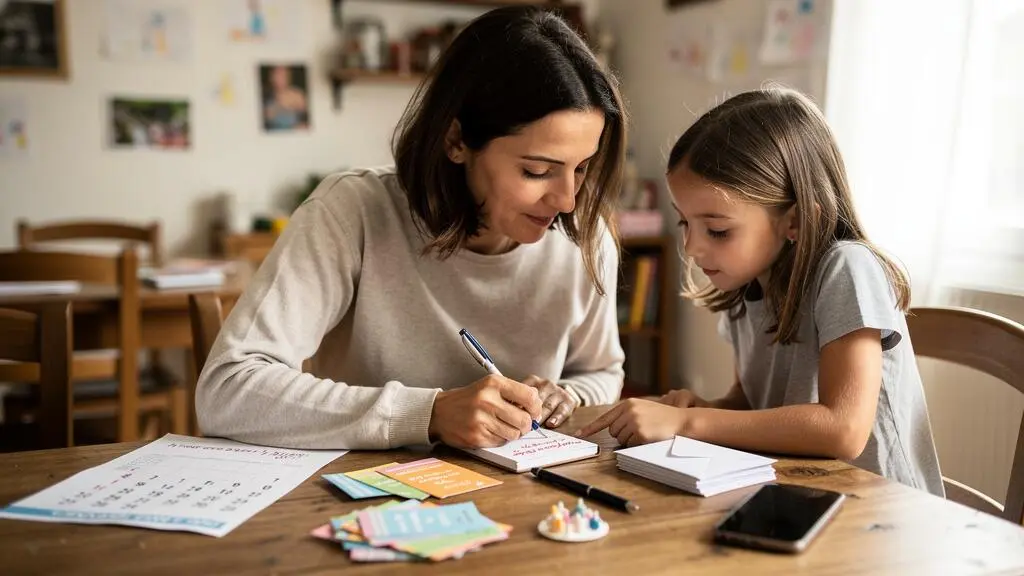 Une mère prépare des invitations d'anniversaire avec sa fille à la table de la cuisine.