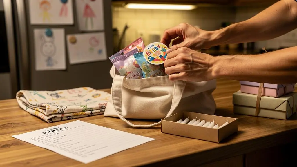 Des mains rangent badges et petits sachets cadeaux dans un sac sur un plan de travail de cuisine, la veille d'un anniversaire.