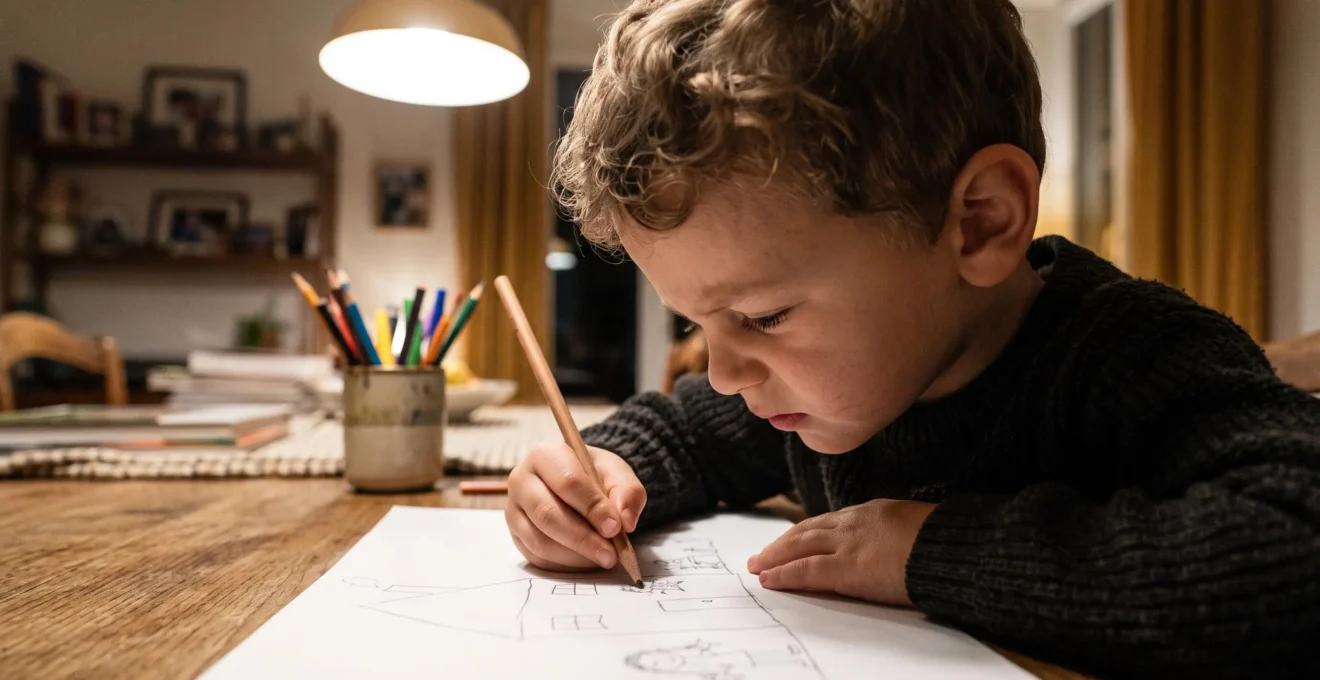 Un enfant plisse les yeux en dessinant près de la feuille à une table.