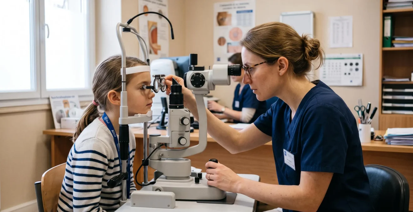 Un orthoptiste examine la vision d'un enfant devant un lampe-fente en cabinet.