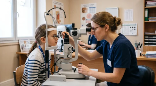 Un orthoptiste examine la vision d'un enfant devant un lampe-fente en cabinet.