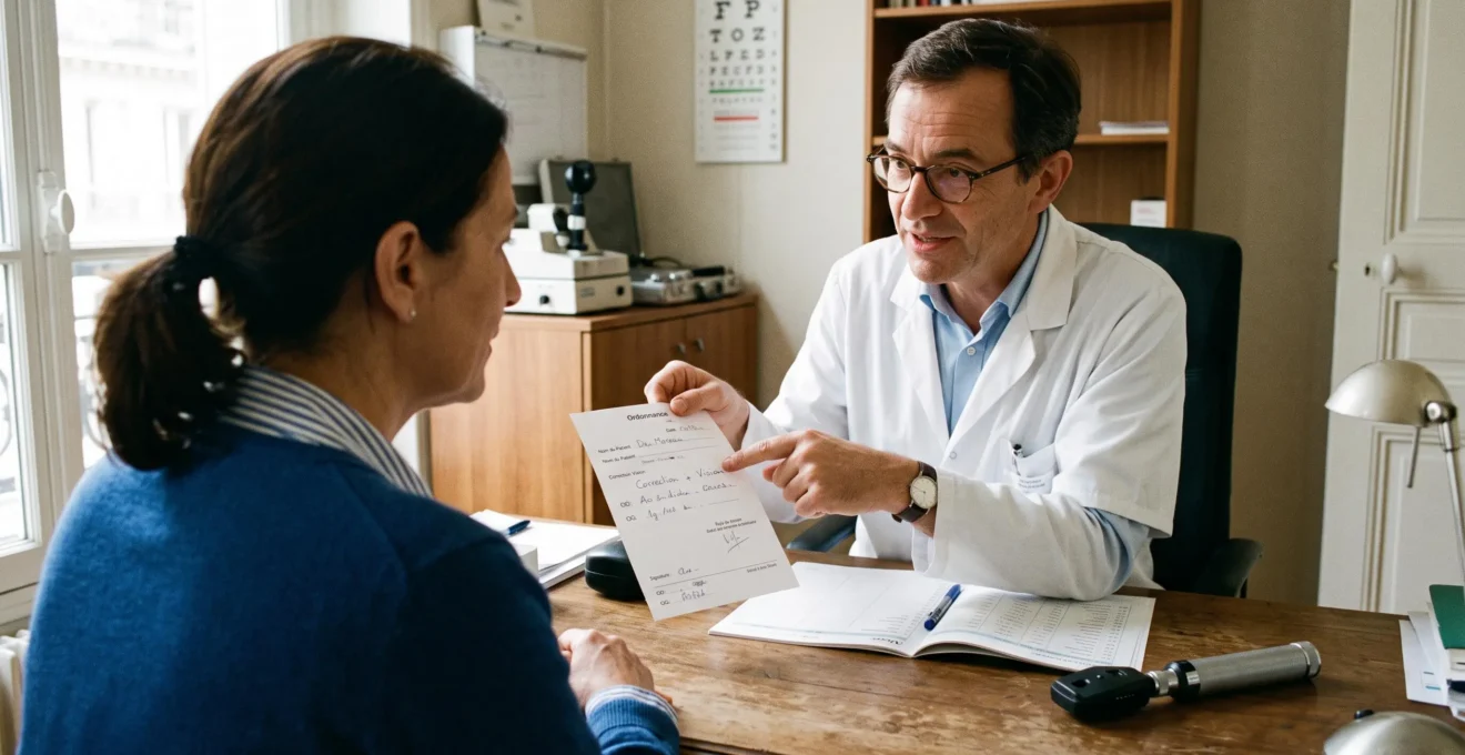 Un ophtalmologiste explique une ordonnance de lunettes à sa patiente.